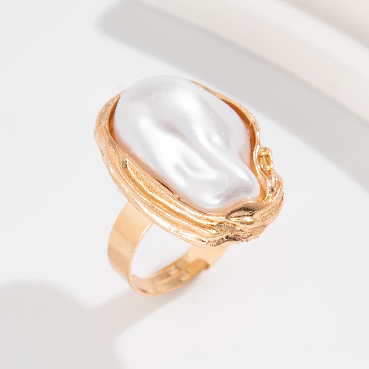 French Retro Pearl Earrings & Exaggerated Open Ring for Women - Trendy, Irregular Design