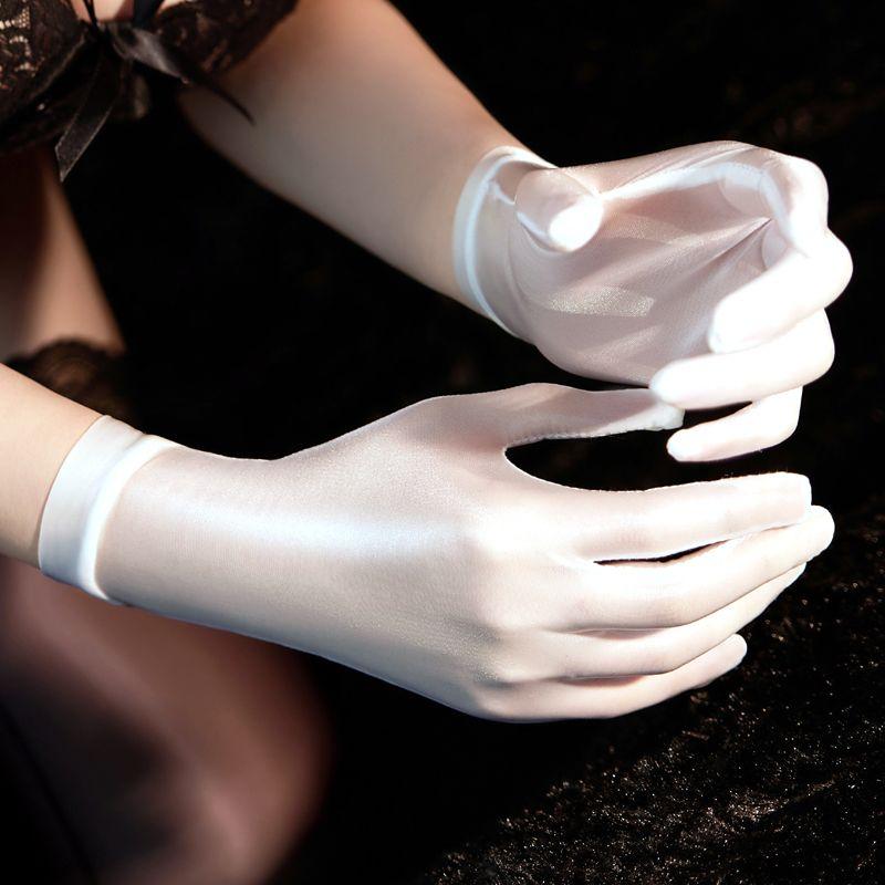 

Shiny Hand Silk Shebin Glossy Five Finger Sleeve Cover Horse Oil Sun Protection Sexy Queen Bride Plane Flirting Men and Women White short All yards