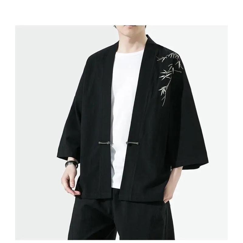 Summer Men's Cardigan Japanese Kimono Samurai Costume Clothing Bamboo Embroidered Kimono Shirt Yukata Haori Casual Coat