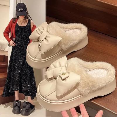 2024 Neue Baumwollpantoffeln Damen Herbst und Winter Mode mit Schleife Wasserdicht Plus Plüsch Dicke Sohle Erhöhen Baumwollschlepp