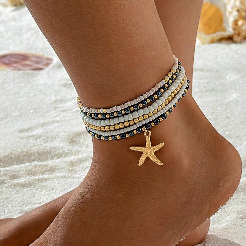 Bohemian Starfish Shell Colored Rice Bead Anklet Set, Beach Wind Starfish Beaded Feet Decoration Women