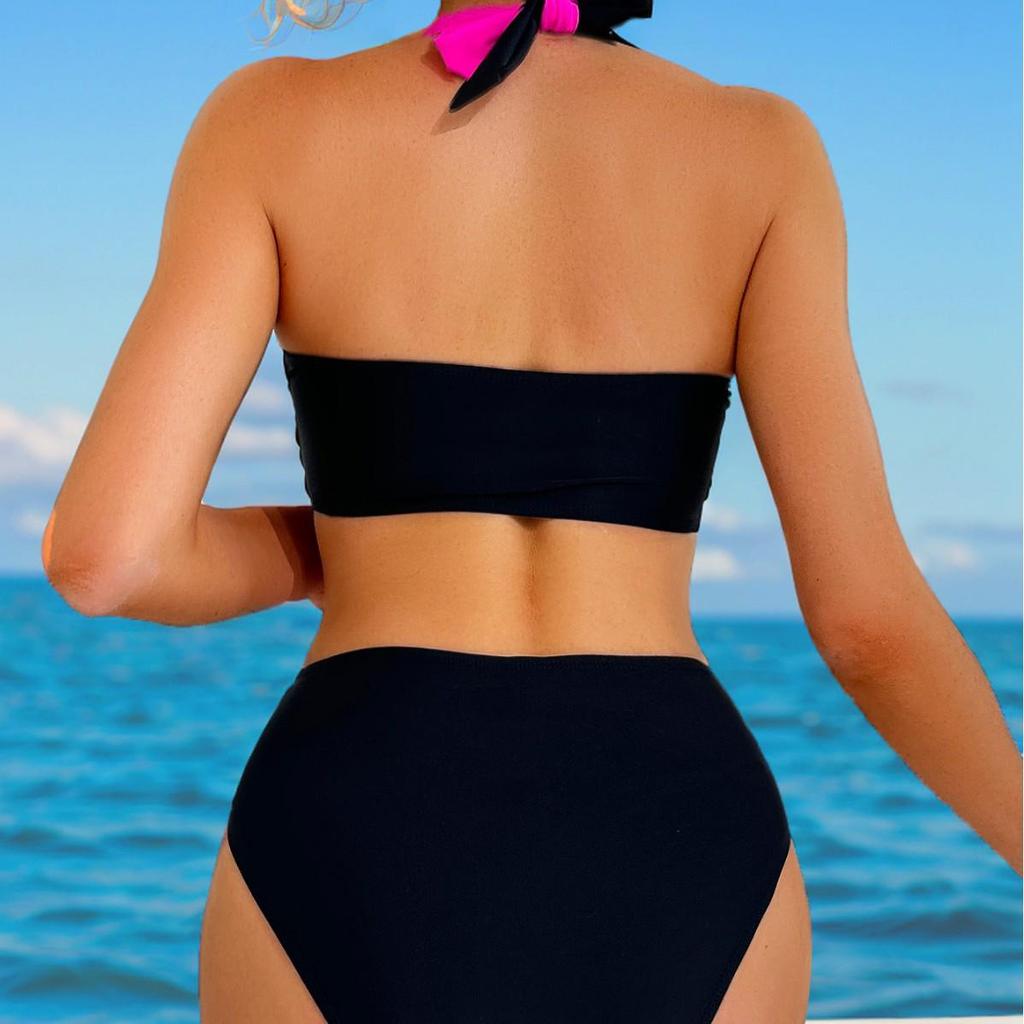 2025 Color Block High Waist Halterneck Bikini Two-Piece Swimwear for Women.