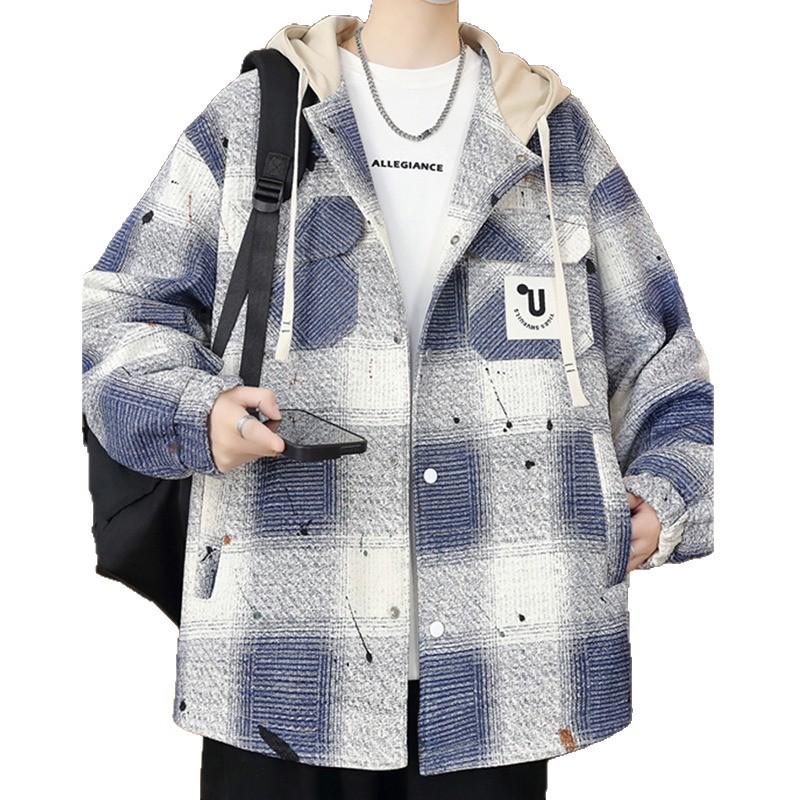 Men's Hooded Plaid Jacket - Spring/Fall/Winter Cotton Outerwear for Teens and Students