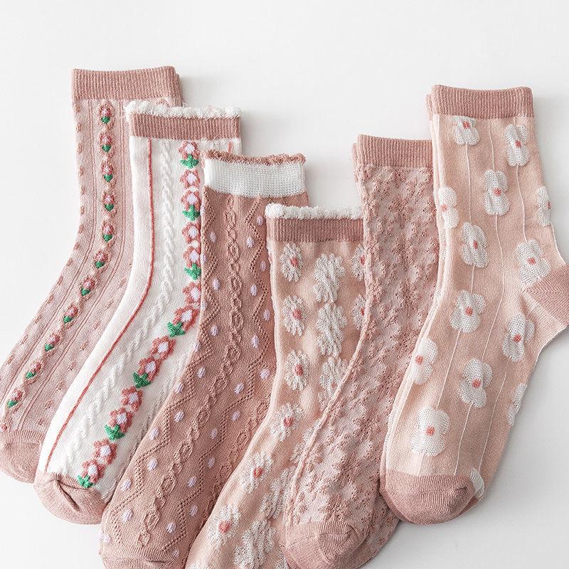 Women's Pink Embossed Mid-Tube Socks - Trendy Knee-High, Four Seasons Style