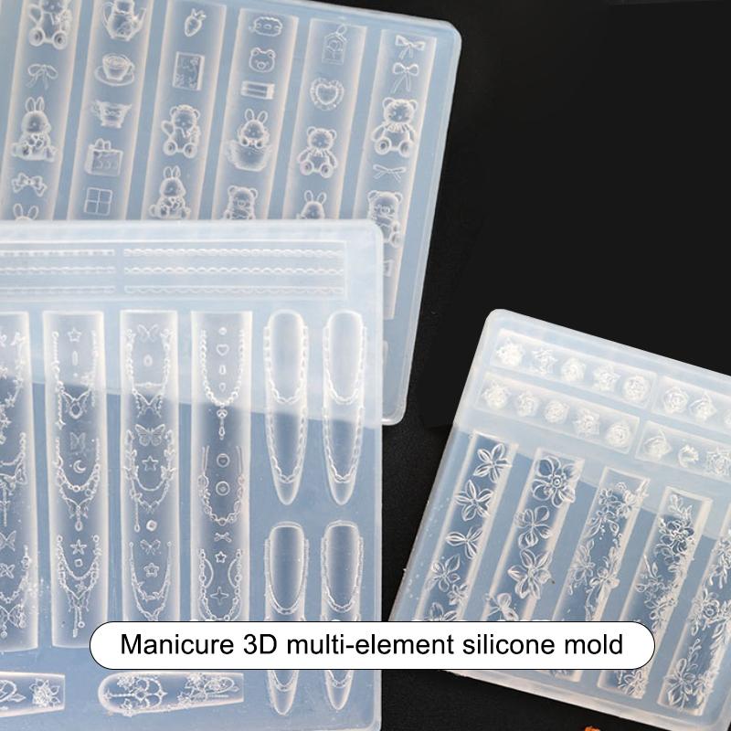 Nail Silicone Mold Cartoon Bow Flower Beads Line Carving Mold 3D Stamping Plate Nails Stencils Diy Manicure Tools Nail Art