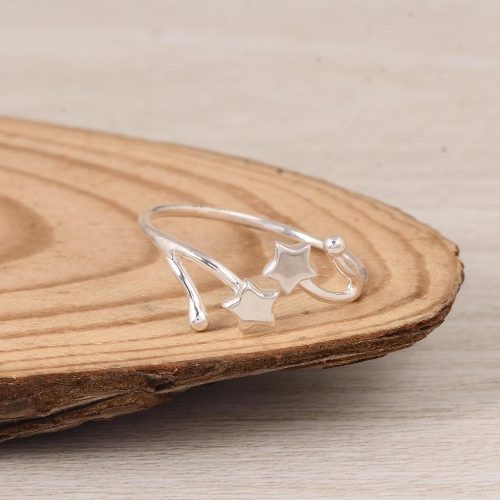 Double Star Adjustable Ring in 925 Sterling Silver | Minimal Celestial Open Ring | Star Symbol Silver Jewelry | Gift for Her