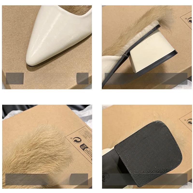 Fashion Shoes Female 2024 Sexy Pointed Toe Female Mules Fashion Warm Women's Fur Slippers Comfortable Square Heel Winter Daily Slippers