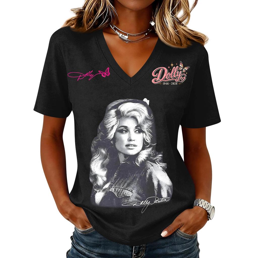 Women's Casual Letter Print V-Neck Short Sleeve Pullover Top