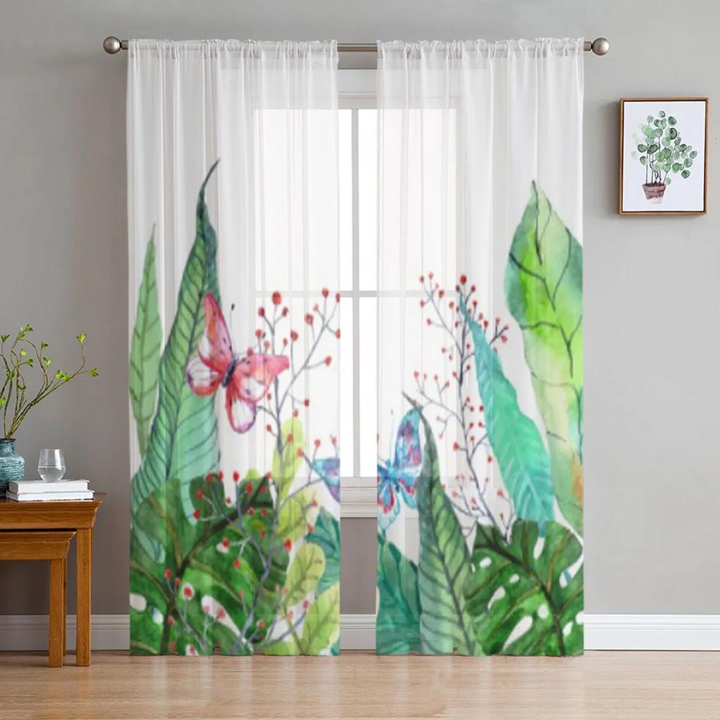 Tropické akvarelové listy a motýli Průsvitné závěsy do ložnice Vynikající voálový závěs Obývací pokoj Kuchyňské závěsy