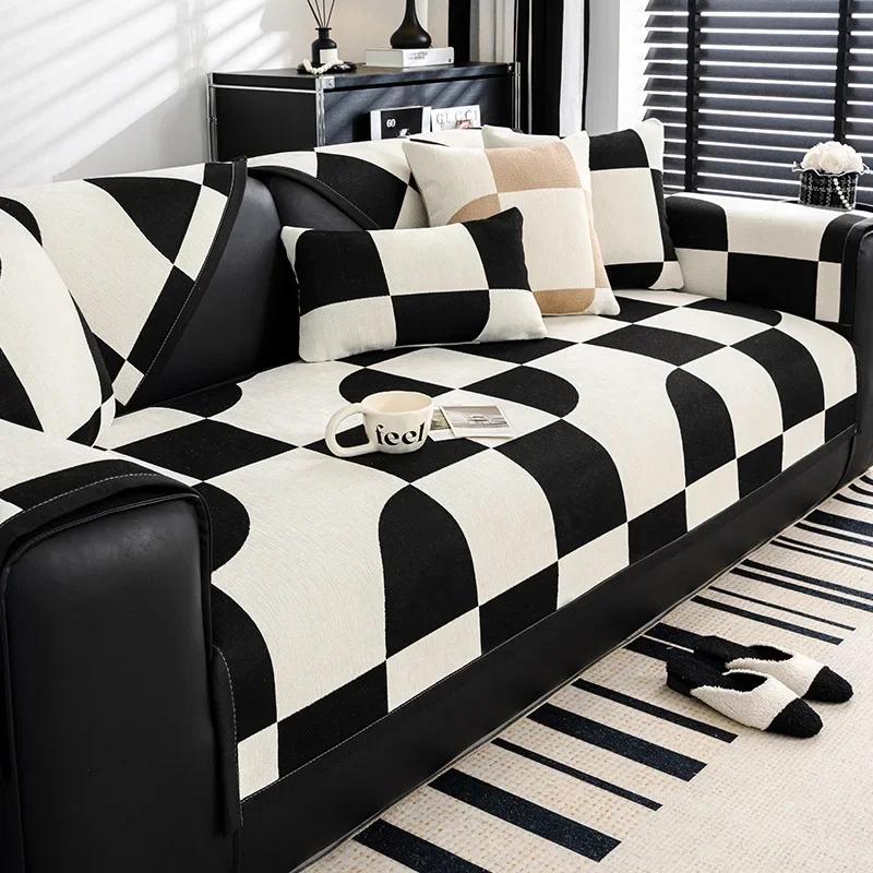 Chenille Sofa Cover Non Slip Four Seasons Universal Black White Checkerboard Pattern Sofa Cushion Anti Cat Scratching Sofa Cover