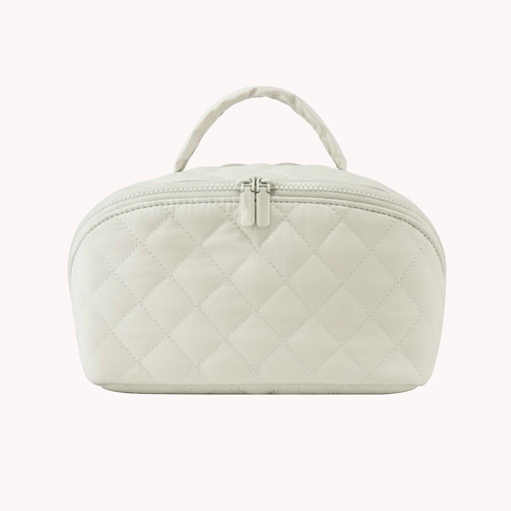 Travel Makeup Bag Open Flat Portable Pouch Purse with Brush Compartment & Handle Toiletry Bag Pouch Wash Bag for Women and Girls