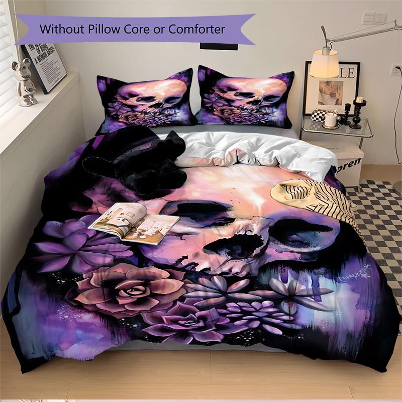 3pcs Skull Flowers Duvet Cover Set, Cover For Bedroom Guest Room (1 Duvet Cover + 2 Pillowcase, Without Quilt),  yy250922193