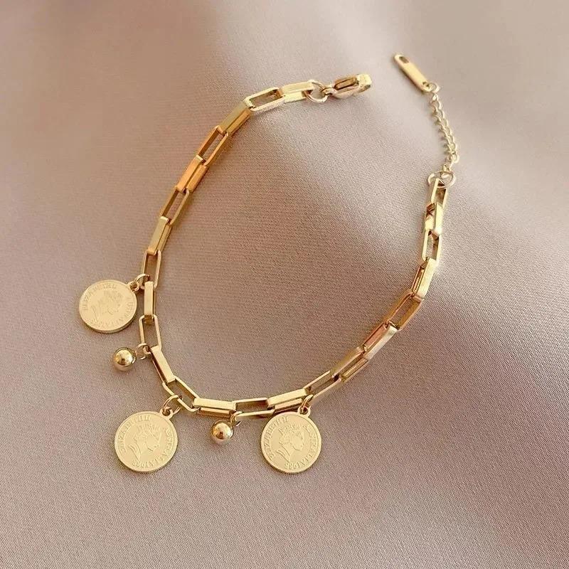 1PCS Gold-color Bracelet Ladies Hip Hop Style Stainless Steel Round Sign Portrait Pendant Wide Cross Chain Jewelry Accessories