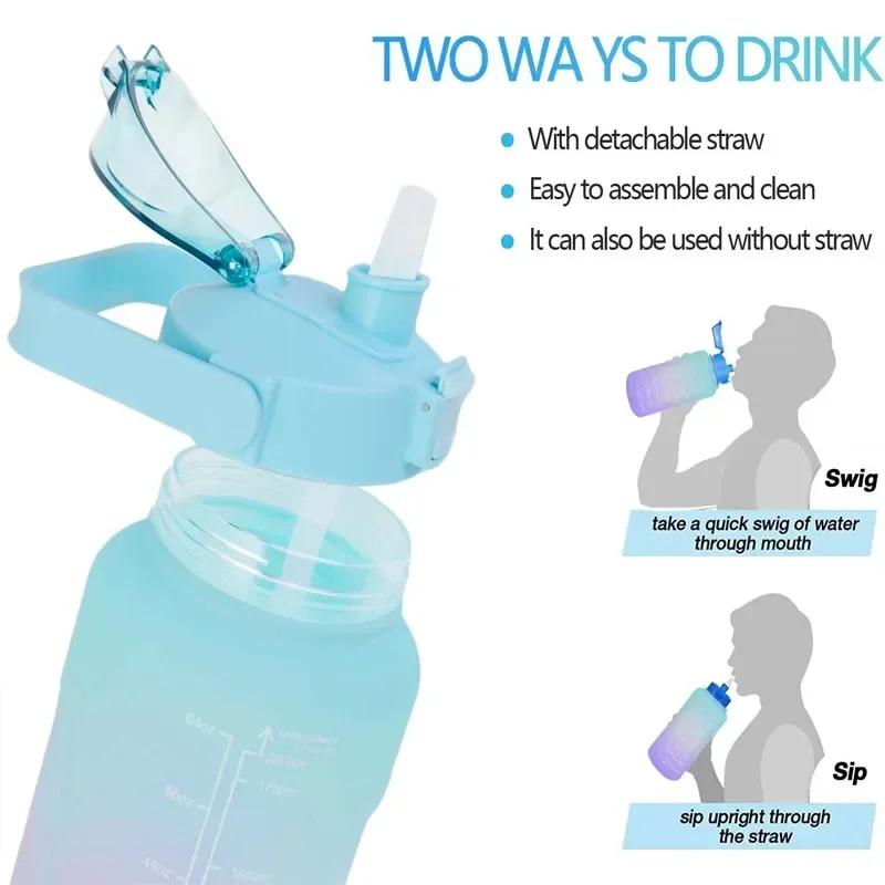 2L Large Capacity Plastic Water Bottle Time Scale Label Sticker Space Cup Spring Cap Painted Gradient Color Water Cup