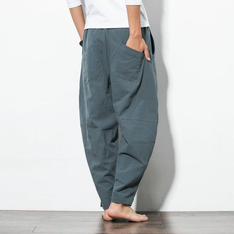 Male Casual Solid Color Trousers Sweatpants Chinese Style Harem Pants Mens Cotton Linen Loose Pants Plus Size