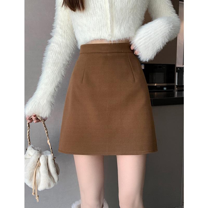 Single Color Woolen Skirt for Women In Autumn and Winter Updated A-line Short High-waist Straight Arm Wrap Skirt