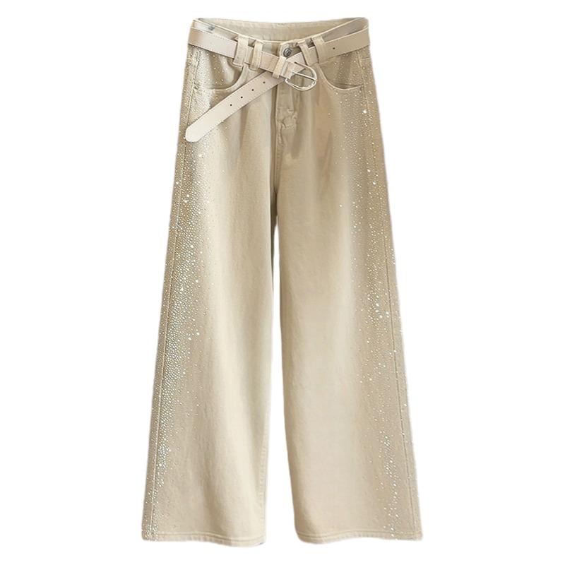 Fashion Design Sense, Heavy Industry Hot Diamond Jeans for Women, Spring New Korean Version of High-waisted and Thin Loose Wide-leg Pants