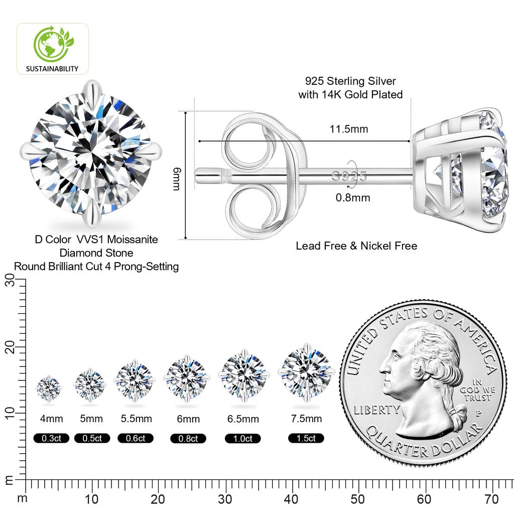 3 Sharp Claw Pass Diamond Tester Moissanite Stud Earrings 14K White Gold 925 Silver VVS 4-7.5mm Moissanite Stud Women Earrings
