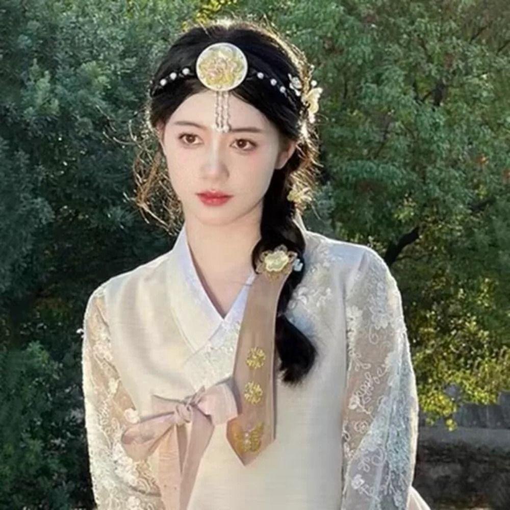 Flower Hanbok Wig Headdress Pearl Stage Dance Hair Hoop Sweet Korea Ethnic Style Hairband  Court