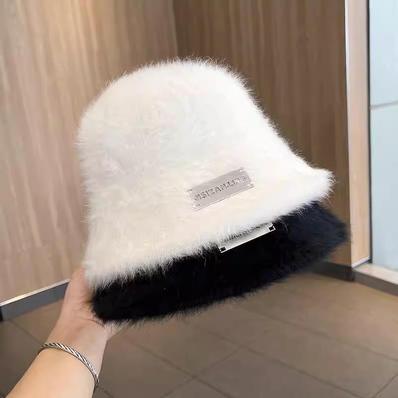 Face rabbit fur autumn and winter bucket hat versatile big head circumference basin hat white bucket plain hat warm plush basin hat