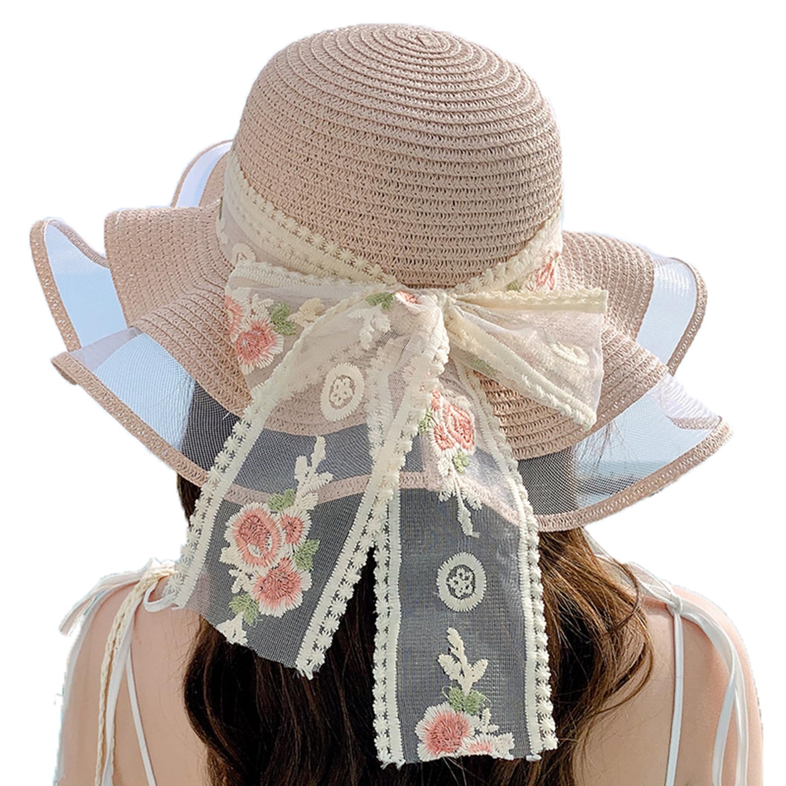 

Straw Wide UV Floral Bowknot UV Sun Actress [easylivegogo] Women s Hat, Brim, Protection, Pattern, Ribbon, Lace, Cut, Protection, Natural, Refreshing, рожевий