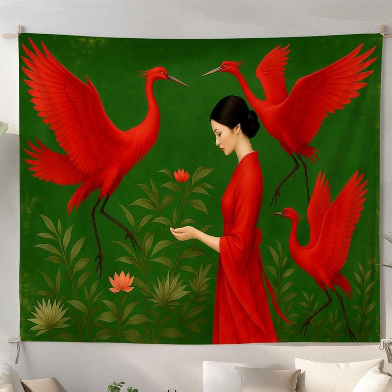 Red Crane Woman tapestry 75x100 чёрный