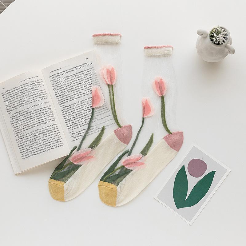 Women's Spring and Summer Trendy Tulip Transparent Crystal Glass Fiber Mid Calf Socks