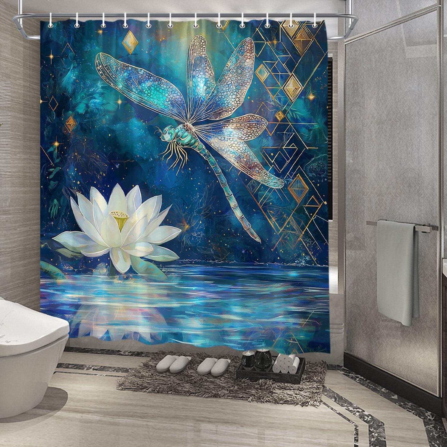 

Dragonfly & Lotus Shower Curtain - Mystical Starry Night Sky, Geometric Golden Patterns,Elegant Bathroom Decor W90XH180cm