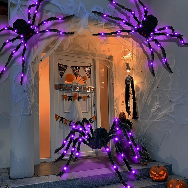 Halloween Riesige Leuchtende Flauschige Schwarze Spinne Lila LED Batteriebetrieben 8 Modi Spinnenlichter Für Innen Außen Veranda Dekor