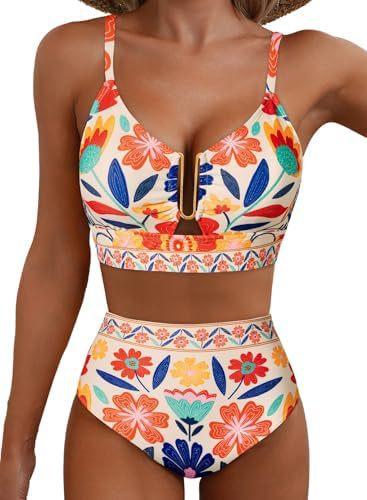 Women's High Waist U-Line Bikini Set Floral Print Swimsuit Cross Back Swimming