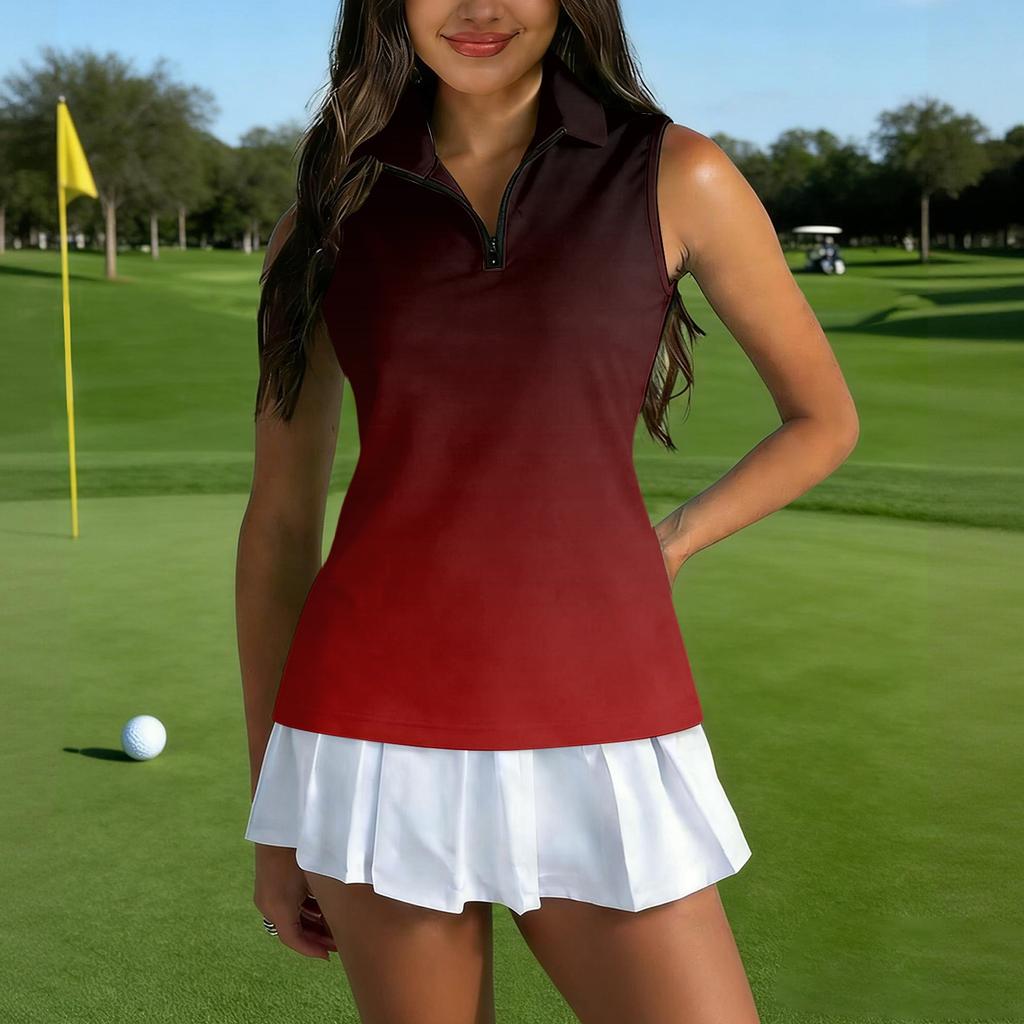 Camiseta Polo de Golf sin Mangas para Mujer Cremallera Delantera Cuello Alto Camiseta sin Mangas Deportiva Chaleco Atlético Estampado para Actividades al Aire Libre