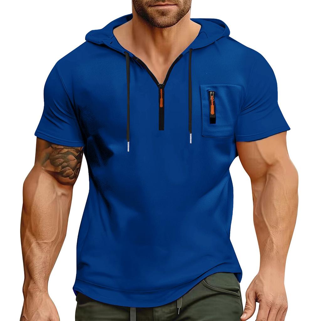 Men's Summer Shirt Zipper Pocket Short Sleeve Hooded Sweatshirt Men's Sports Large Size Casual Sweatshirt