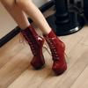 High Heeled 14cm Short Boots for Women, Front Lace Up, Side Zipper, Waterproof Platform, Slim Heel Boots Womens Shoes