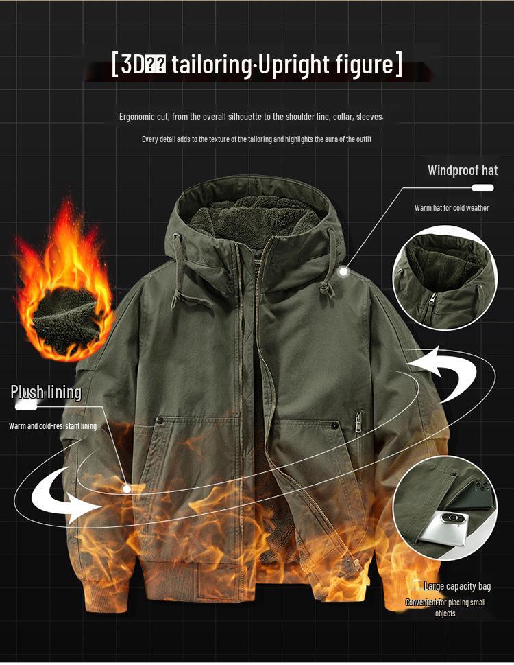 Herren Arbeitsjacke mit Kapuze aus reiner Baumwolle, Herbst/Winter, mit Samtfutter, Verdickt, Lockerer Schnitt, Übergröße, Stil 6836.