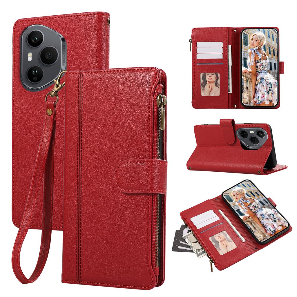 For Honor 400 Pro 5G (Global) Case Multi Card Slots Zipper Leather Phone Cover with Wrist Strap