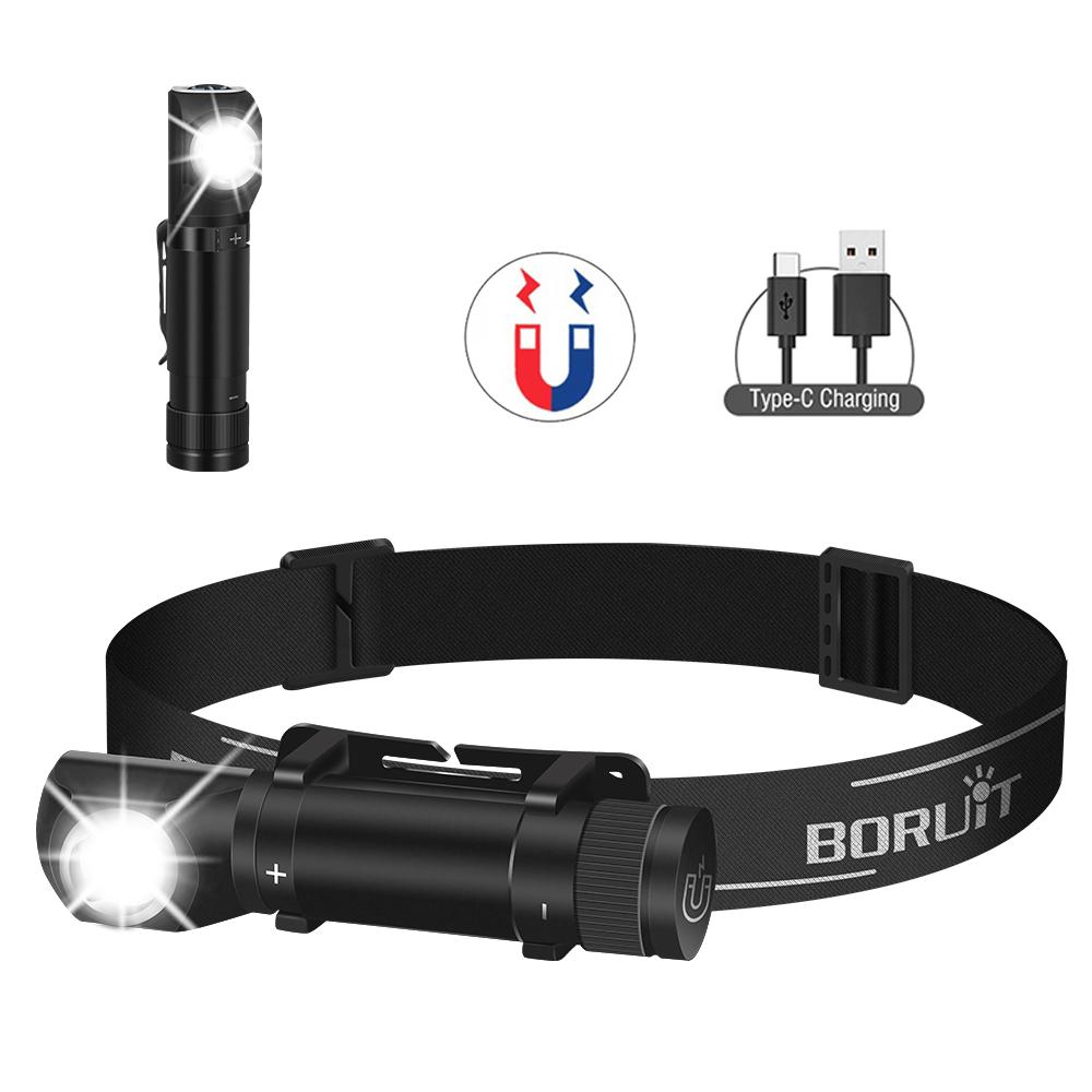 BORUIT HP100 LED Headlamp Headband Right Angle Flashlight 18650 TYPE-C Rechargeable Outdoor Head Lamp Torch Work Light