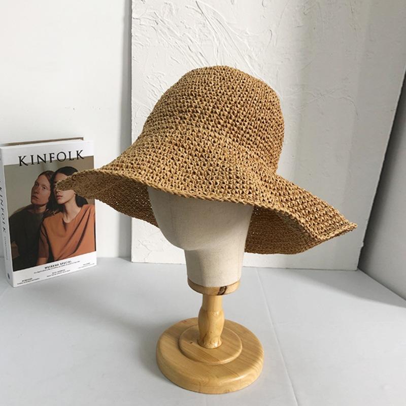 

Straw hat handmade hook needle big eaves hat summer vacation seaside sunshade sunscreen hat basin hat versatile bucket hat women adjustable (56-58cm)