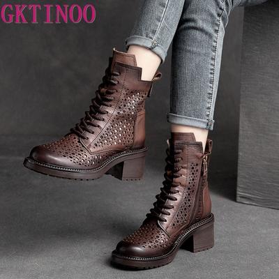 אופנה GKTINOO נעליים רטרו סנדלים לנשים עור פרה איכותי נעלי נשים רוכסן חלול 2025 קיץ סנדלים פלטפורמה תמציתיים בעבודת יד