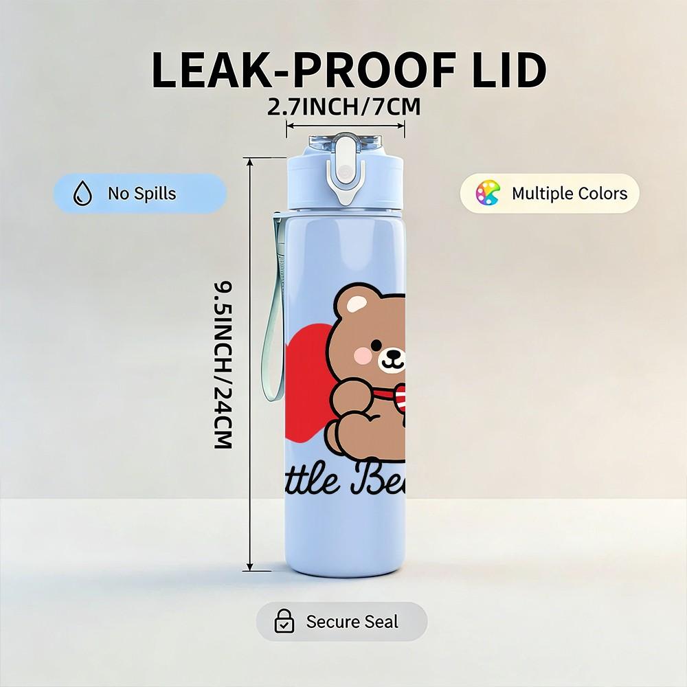 1PC Little Bear Red Heart Pattern 750ml Color Plastic Sports Water Bottle Leakproof Flip Straw Lid Suitable for Sports Office Home Use