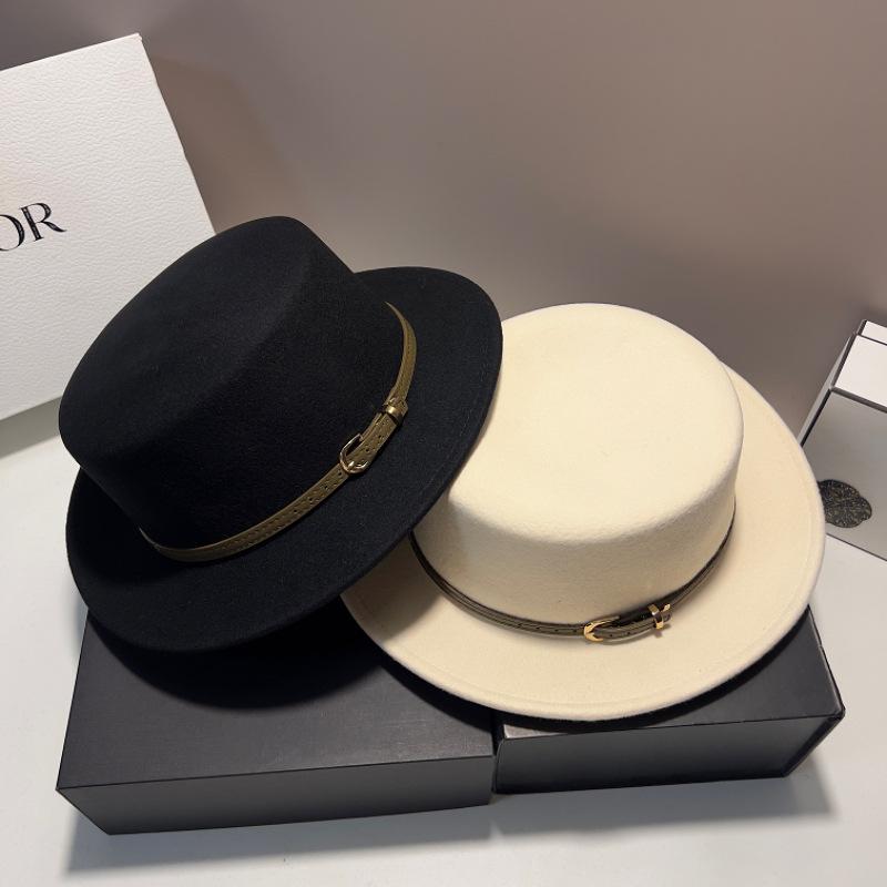 Australian wool woolen flat top top hat women's autumn and winter versatile flat-brimmed felt hat belt buckle contrasting color British jazz hat