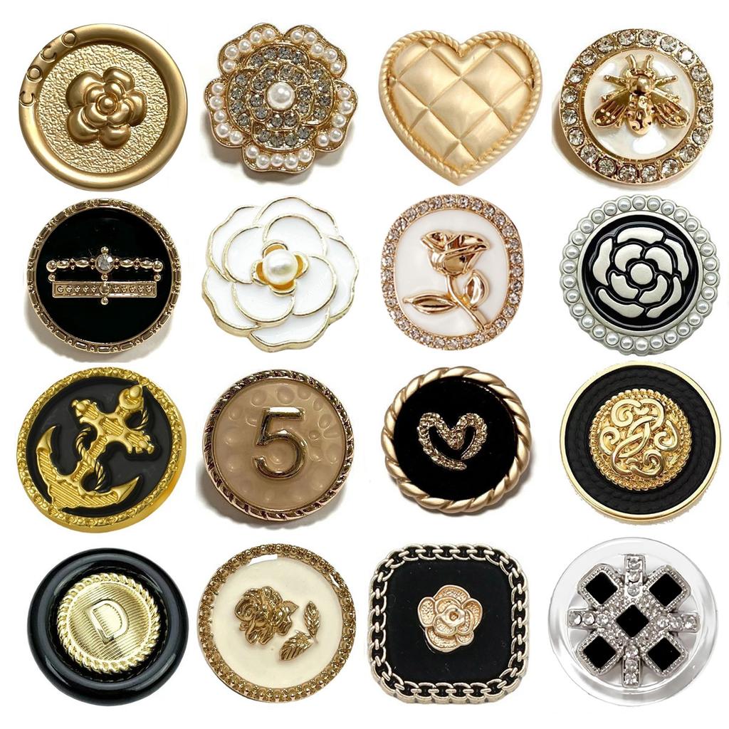 6Pcs Round Flower Shape Metal Luxury Brand Sewing Buttons Clothing Accessories Handmade Diy Material Decoration Gold Black  Blue
