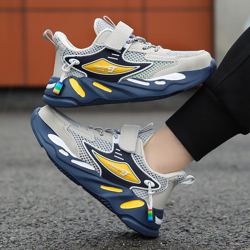 Athletische Schuhe für Jungen aus Mesh und Leder - Rutschfest, Abriebfest, Lässige Laufschuhe für Kinder, Frühjahrs- und Herbst-Schuljahreszeit.