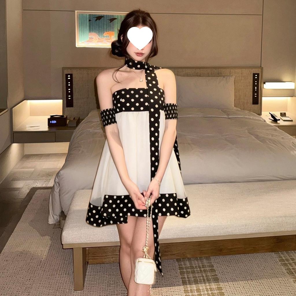 [Freight Insurance] One-word Shoulder Polka Dot Dress, Children's Summer Seaside Vacation Skirt
