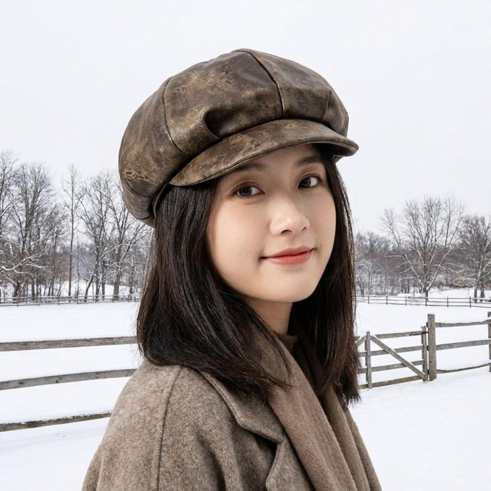 Octagonal Cap Pu Leather Beret British Style Painter Hat Elegant Artist Cap  Women