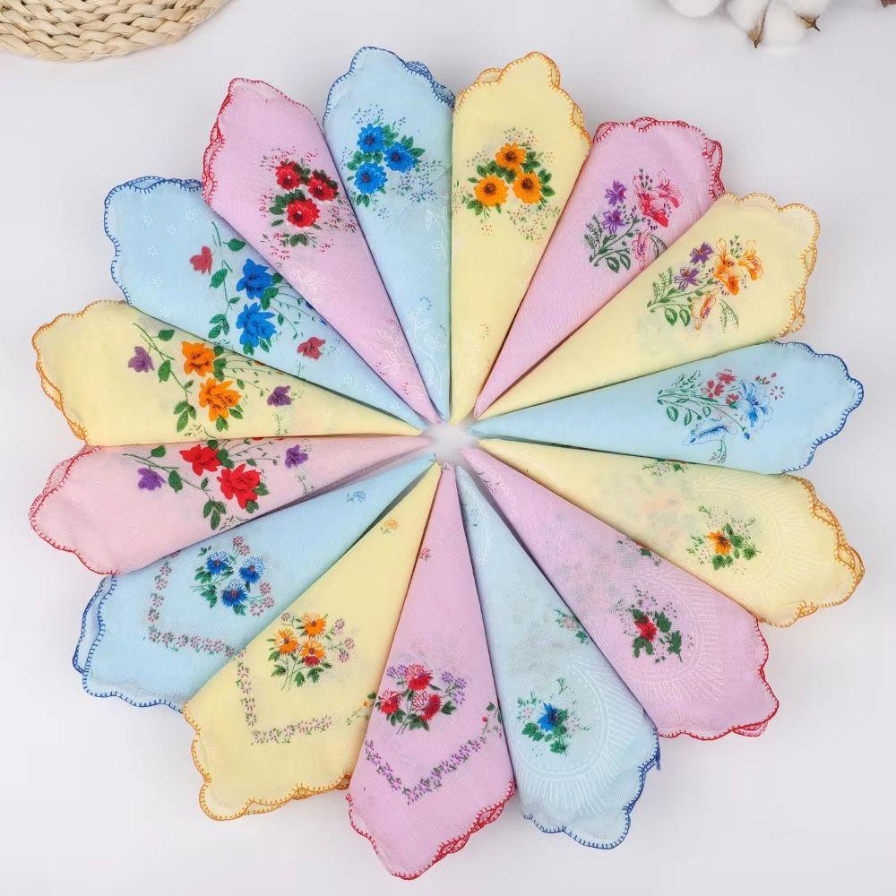 12Pcs 28x28cm Women's Printed Handkerchiefs Sweat Absorbent Thin Sweat Towel  Nostalgic