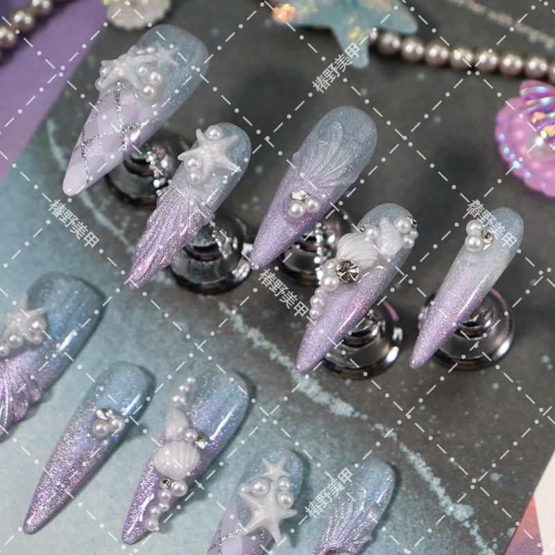Press-On Nails With 3D Starfish Shell Design Glitter Ocean Theme Acrylic False Women Long Pointed Style