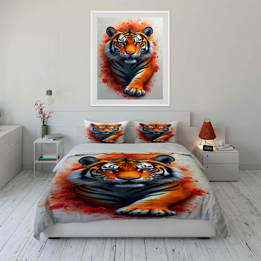 Tiger with red roses. Bedding sets Duvet cover sets Duvet covers Pillowcases(1*Duvet Cover 2*Pillowcases without duvet insert)