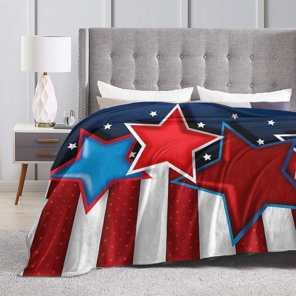 4th of July USA Flannel Blanket Warm Soft Throw Blanket for Bedroom Airplane Travel Aesthetic Bedspread Sofa Bed Cover