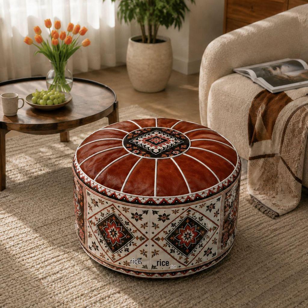 Retro Ethnic Leather Storage Footstool: Round, Multifunctional Shoe Changing Stool for Living Room