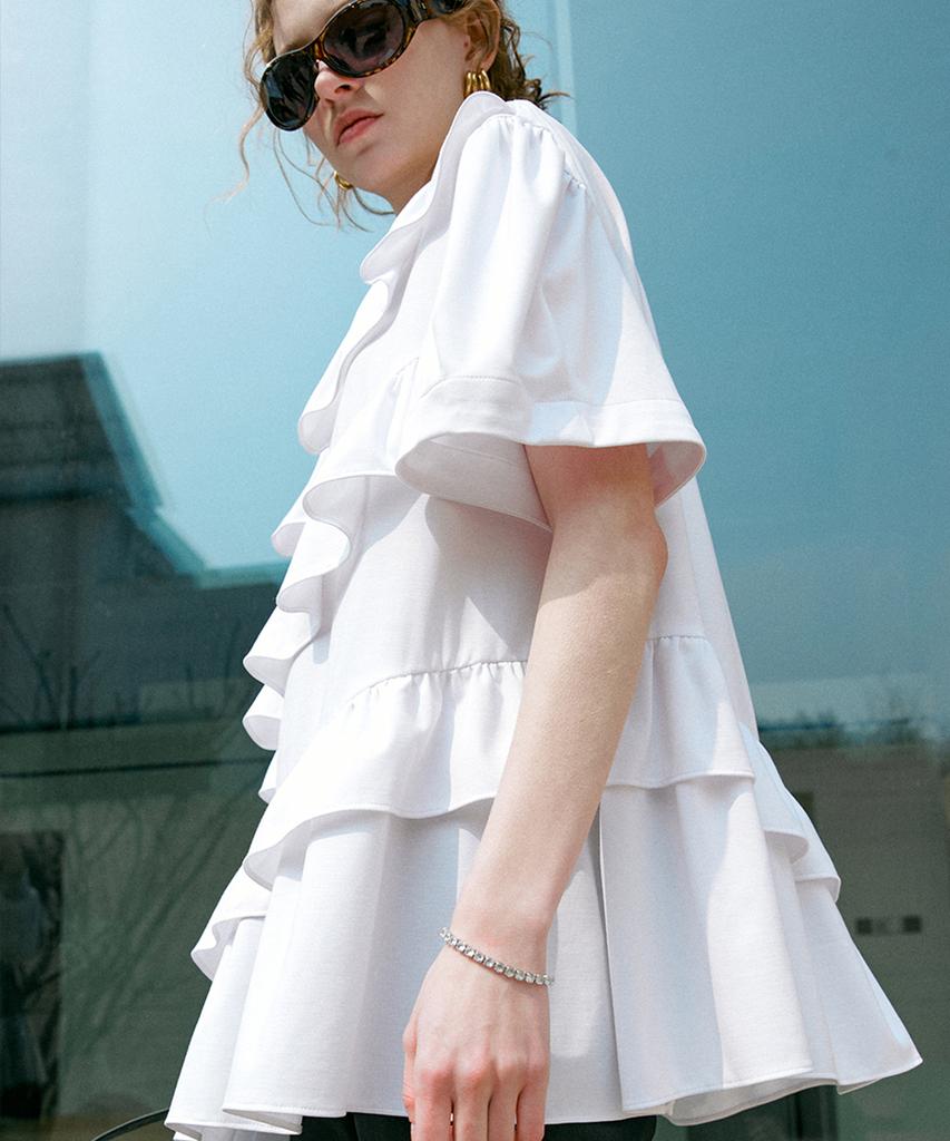 Dyuidyui Tiered Diagonal Frill Top_White